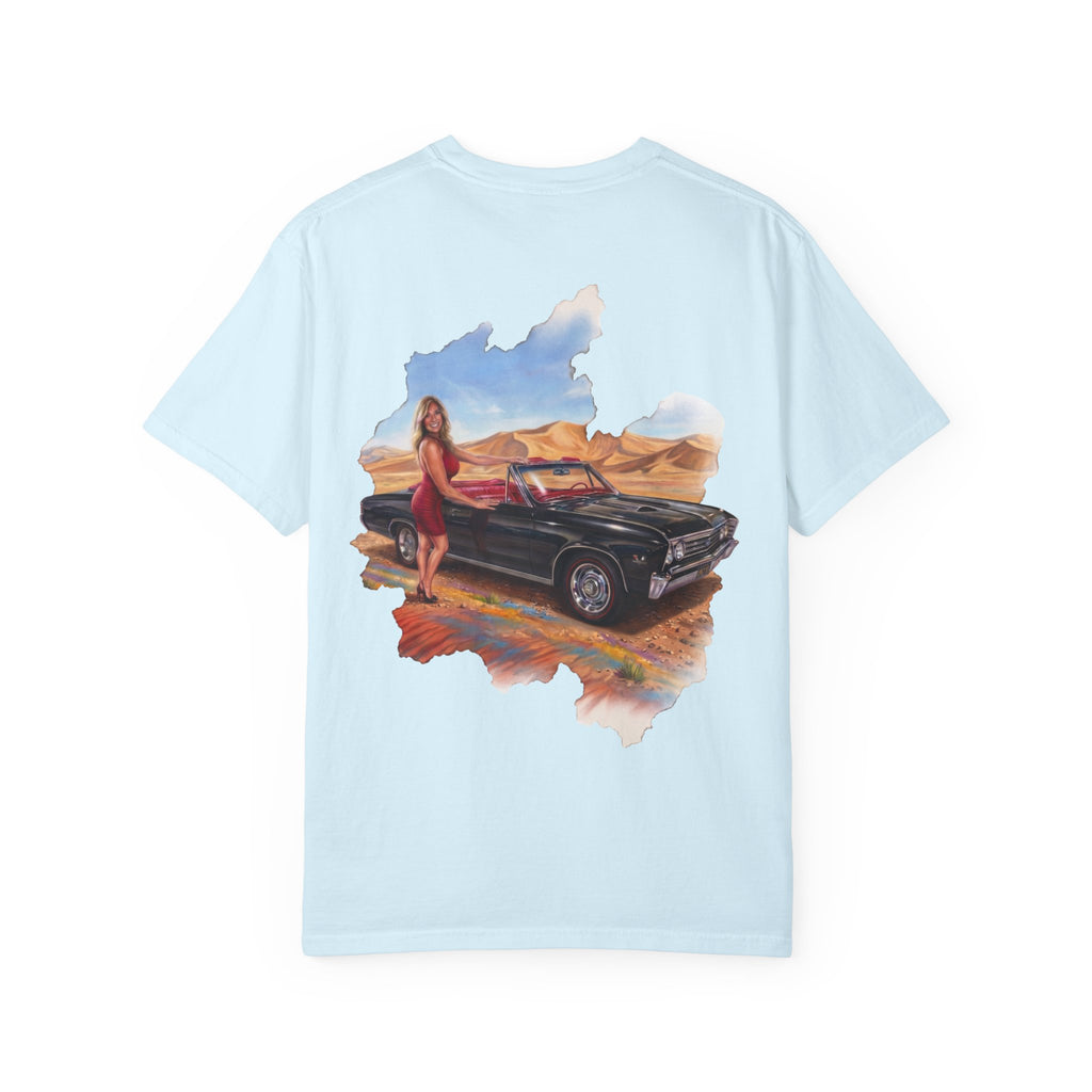 Vintage Roadtrip T-Shirt — Woman by Classic Car Desert Scene