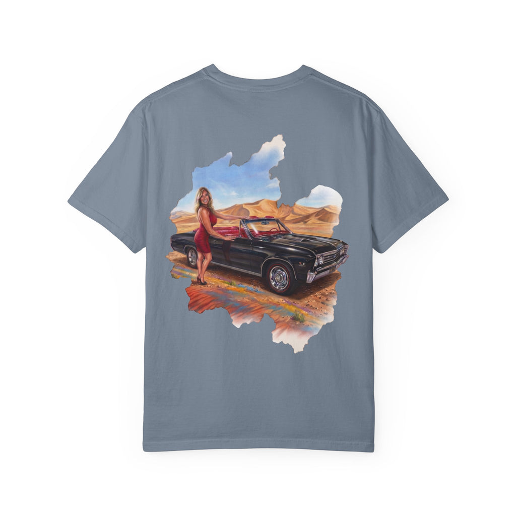 Vintage Roadtrip T-Shirt — Woman by Classic Car Desert Scene