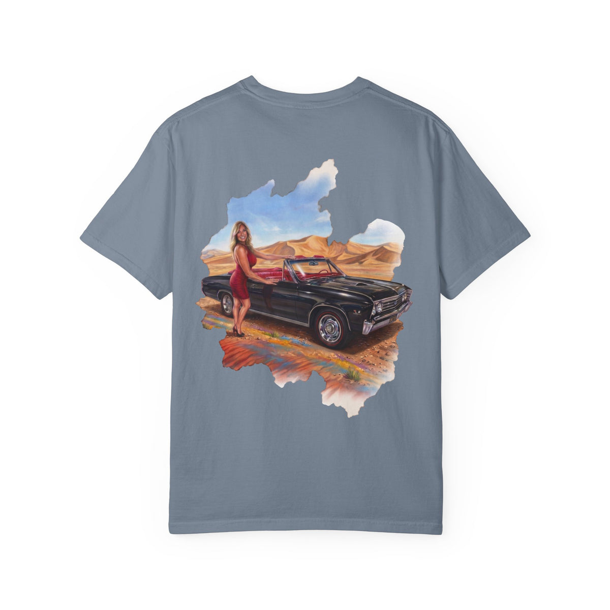 Vintage Roadtrip T-Shirt — Woman by Classic Car Desert Scene