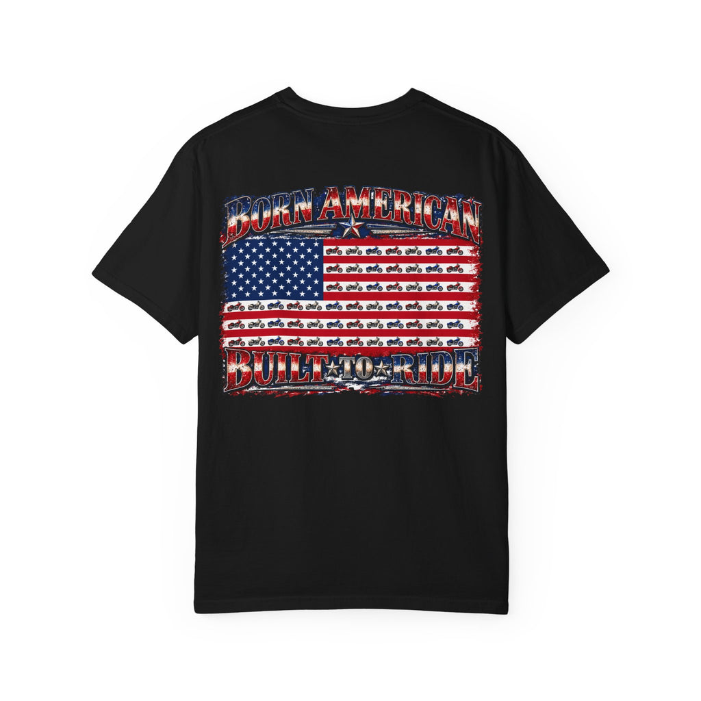 T-Shirt — "Born American, Built to Ride" Flag Motorcycle Graphic