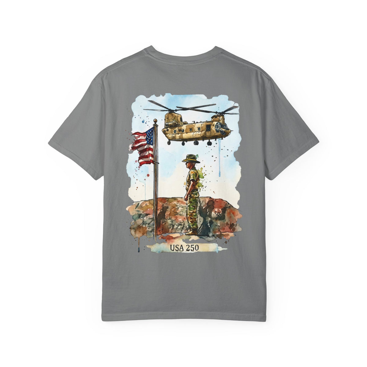 Military Tribute T‑Shirt — Chinook Soldier Watercolor Back Print (USA 250)