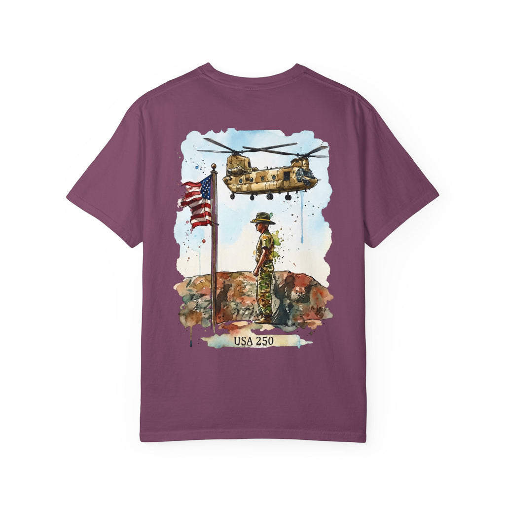 Military Tribute T‑Shirt — Chinook Soldier Watercolor Back Print (USA 250)