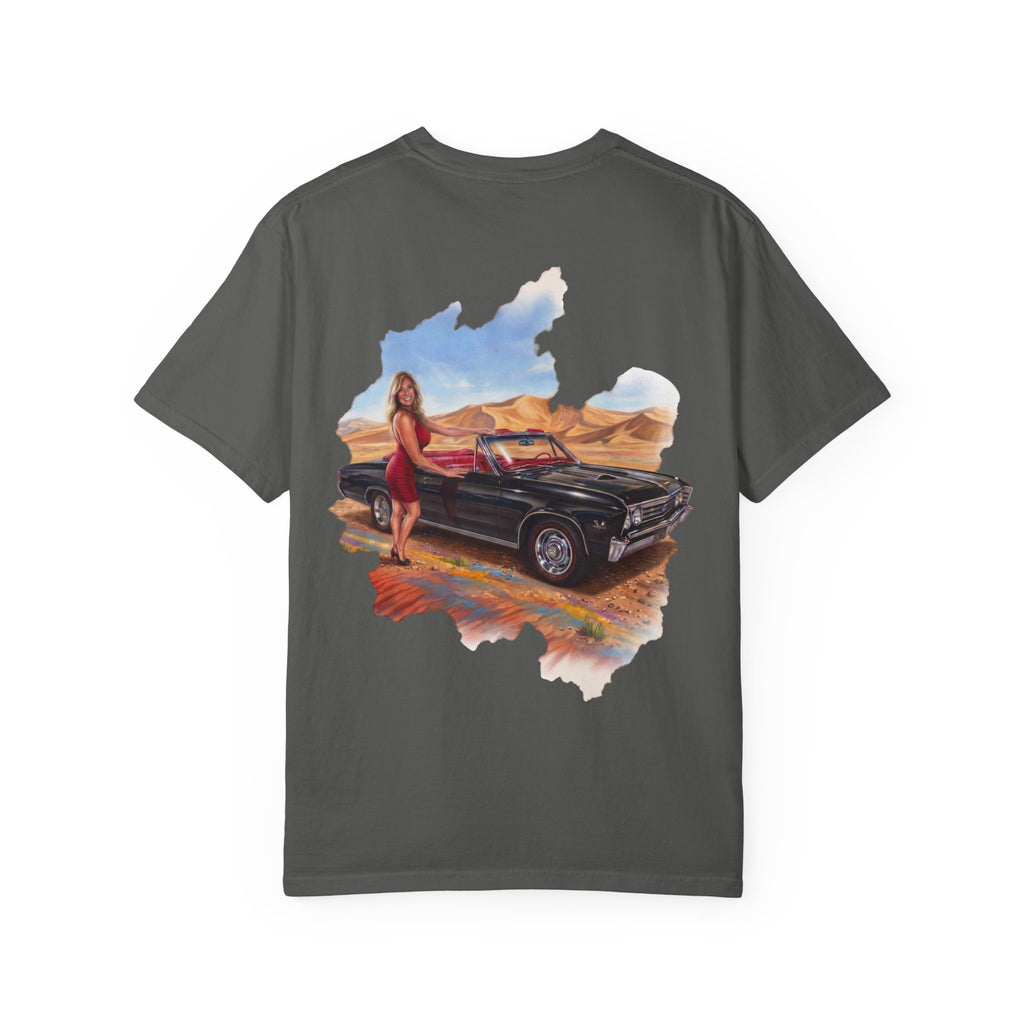 Vintage Roadtrip T-Shirt — Woman by Classic Car Desert Scene