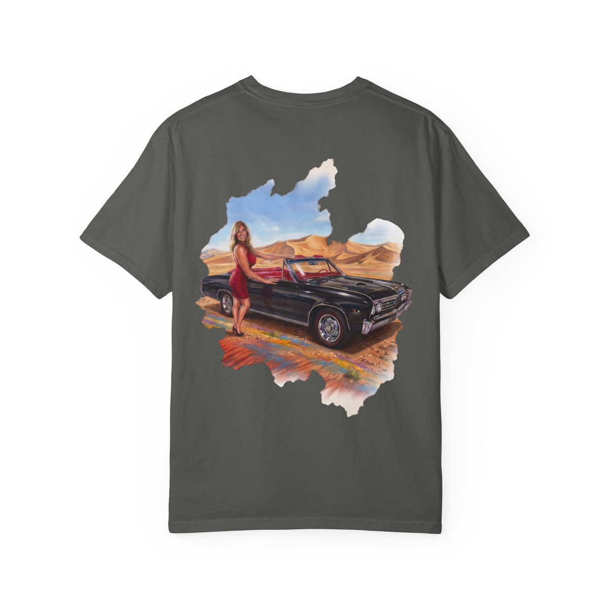 Vintage Roadtrip T-Shirt — Woman by Classic Car Desert Scene