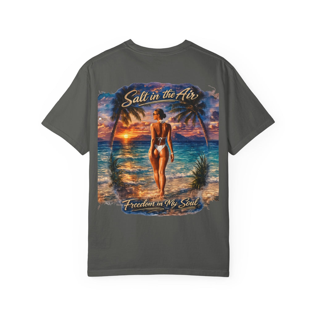 Beach T-Shirt — "Salt in the Air, Freedom in My Soul" Sunset Bikini Graphic