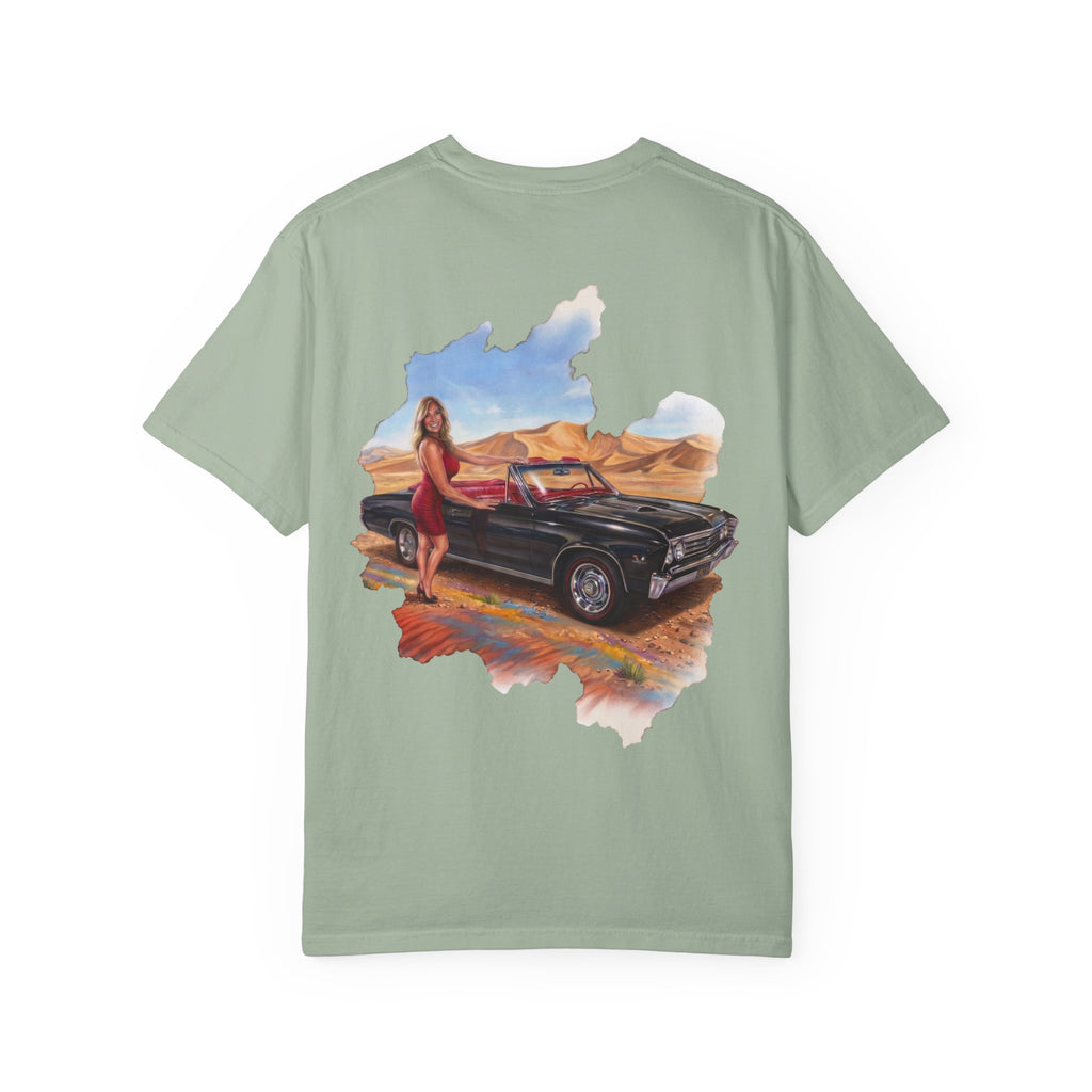 Vintage Roadtrip T-Shirt — Woman by Classic Car Desert Scene