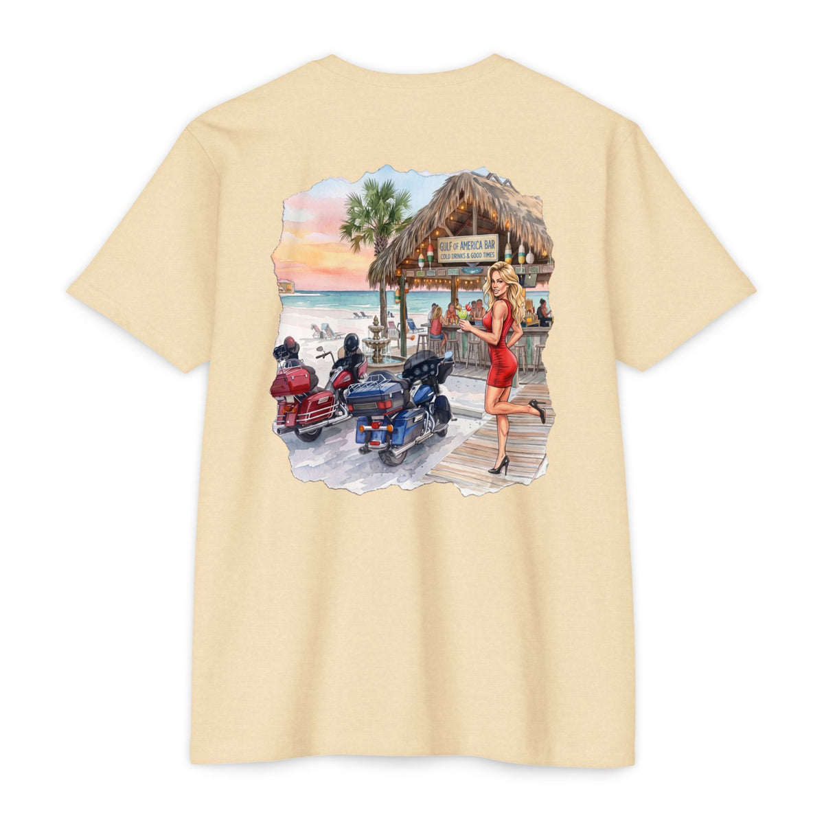 Beach Motorcycle T‑Shirt — Retro Pin-Up Bikes at Tiki Bar