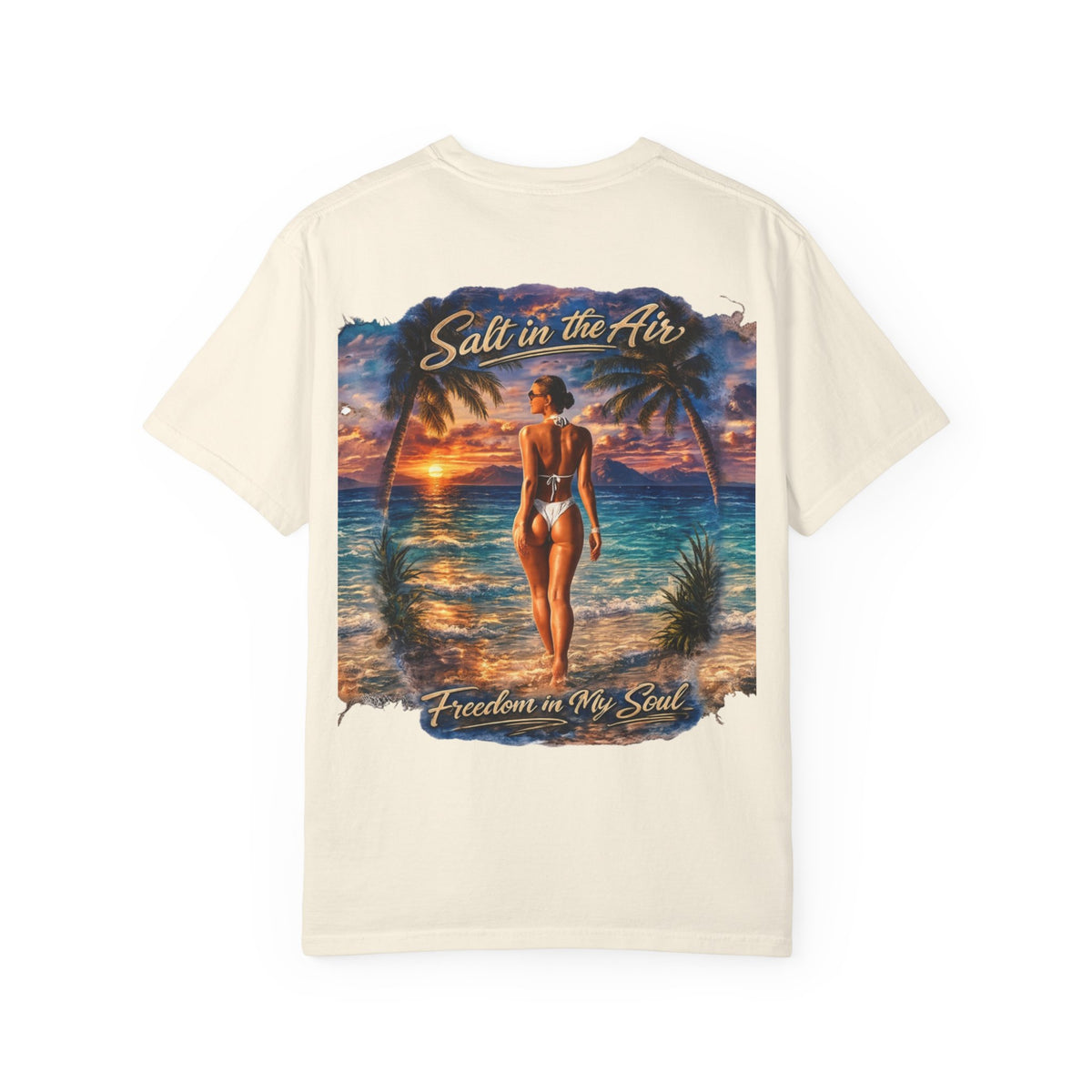 Beach T-Shirt — "Salt in the Air, Freedom in My Soul" Sunset Bikini Graphic