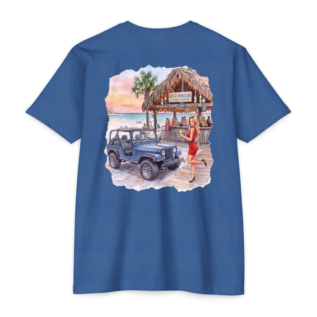 Beach Jeep T‑Shirt — Tropical Tiki Bar Sunset Graphic Tee